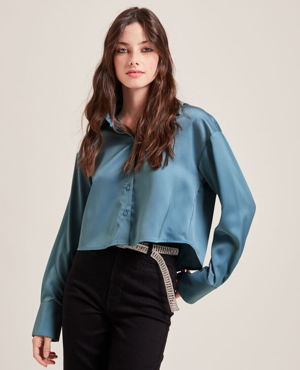 Chemise courte en tissu satiné bleu - Pimkie
