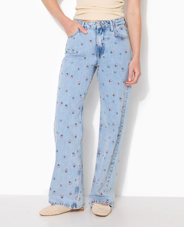 Jean straight taille haute avec broderies fleurs bleu - Pimkie