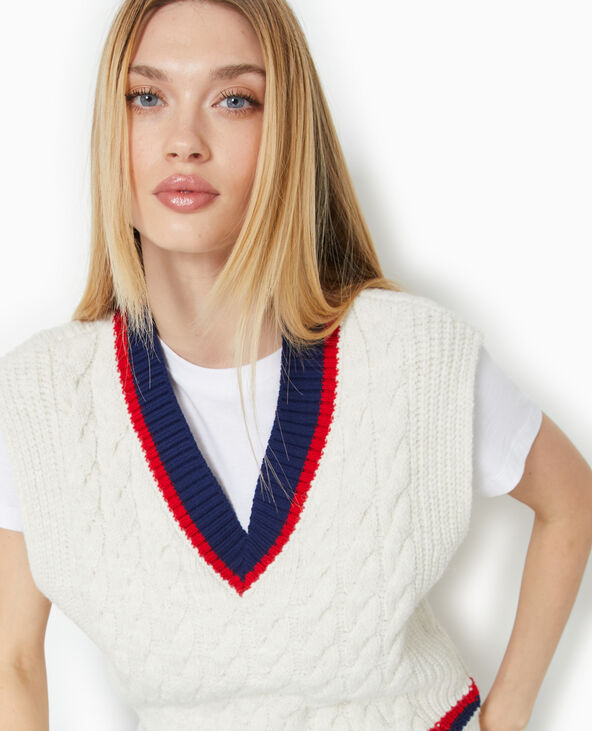 Pull sans manches col V avec torsades blanc - Pimkie