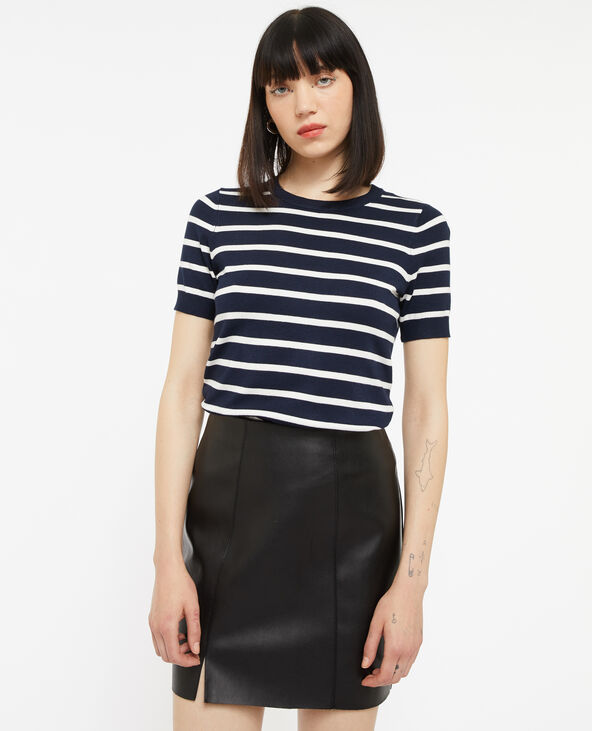 Pull manches courtes rayé en maille fine bleu marine - Pimkie