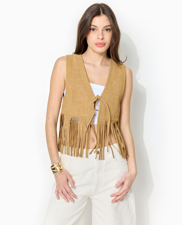 Gilet sans manches en suédine avec franges camel - Pimkie