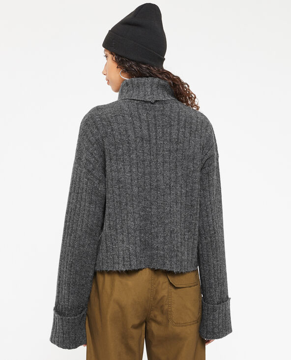 Pull court col roulé en maille côtes plates gris foncé - Pimkie