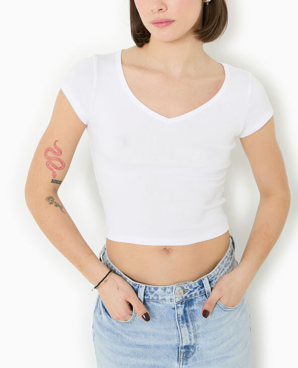 T-shirt court col V blanc - Pimkie