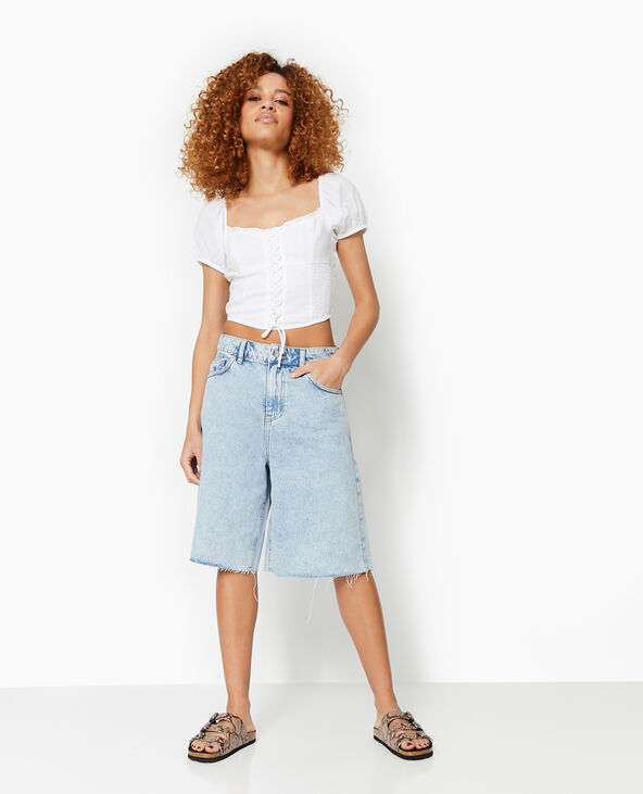 Top court avec laçage et smocks blanc - Pimkie