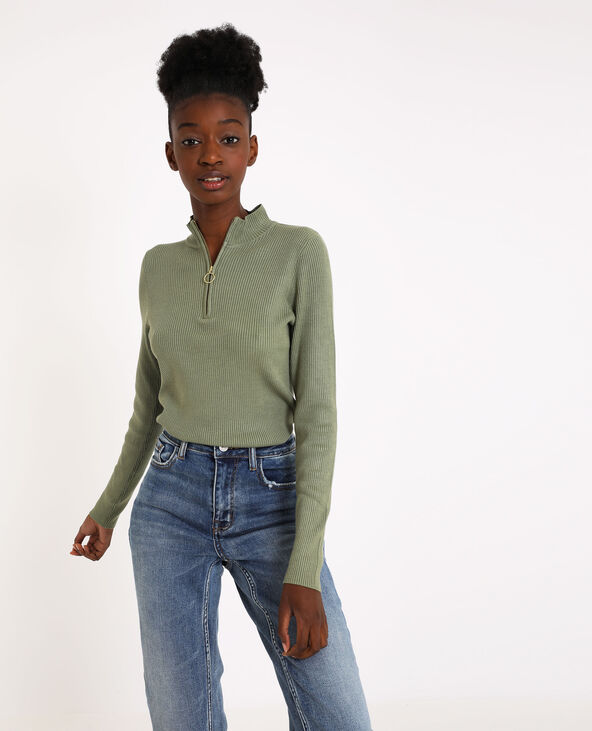Pull zippé vert de gris - Pimkie