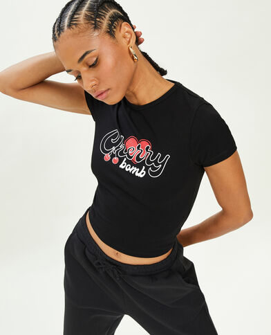 T-shirt court avec motif noir - Pimkie