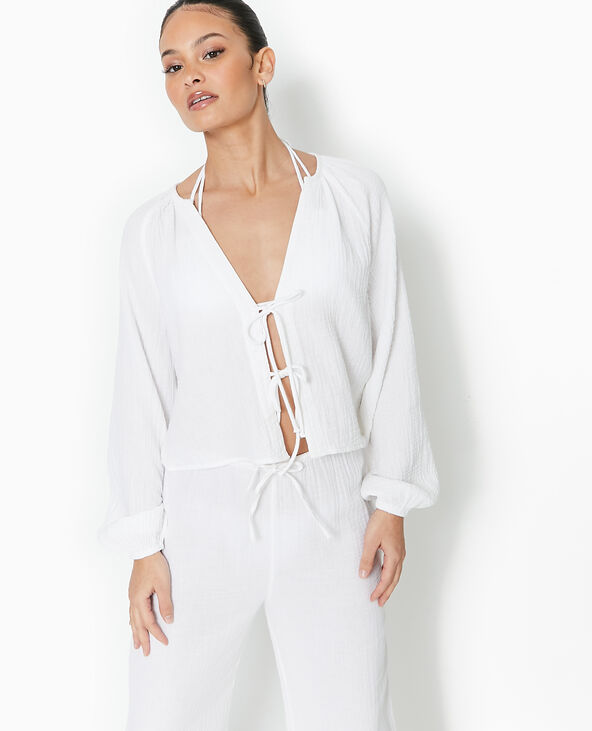 Blouse en gaze de coton avec lien à nouer blanc - Pimkie