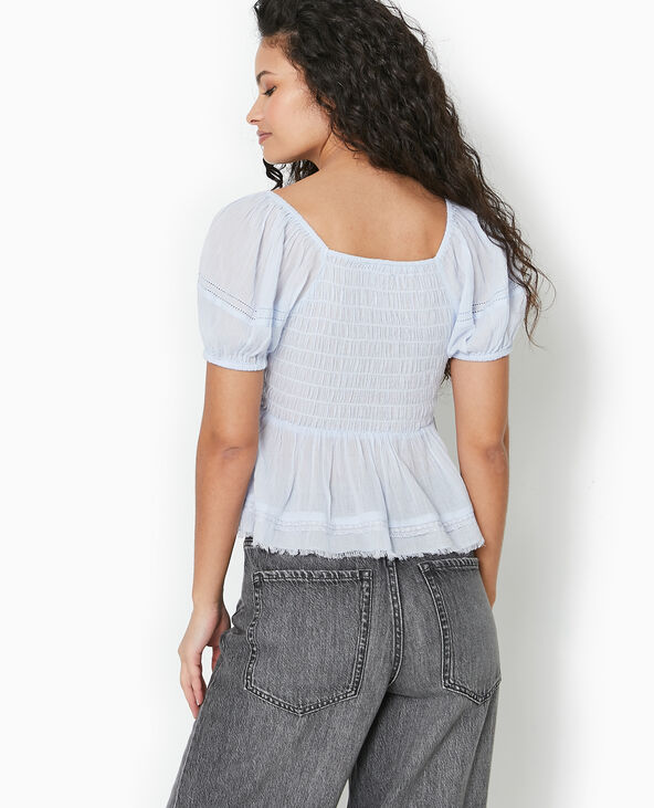Top en tissu léger avec dentelle et smocks bleu - Pimkie