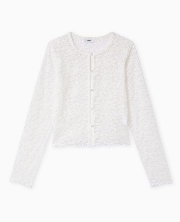 Top cardigan en dentelle avec boutons perles blanc - Pimkie