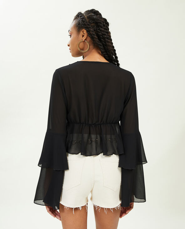 Blouse avec volants en voile noir - Pimkie