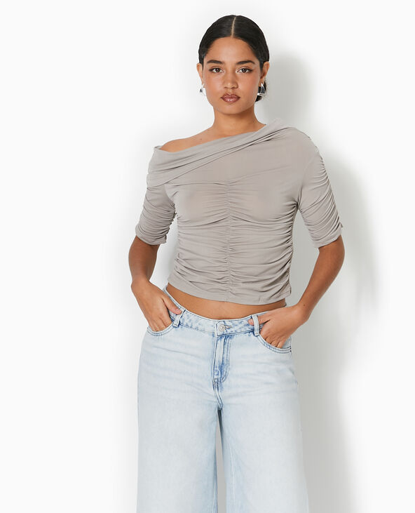 Top avec fronces encolure Bardot gris - Pimkie
