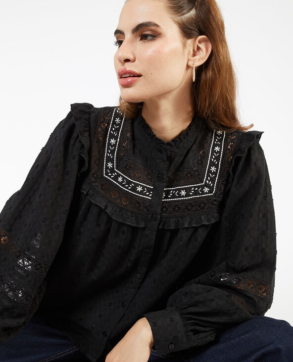 Blouse boutonnée avec dentelle et volants noir - Pimkie