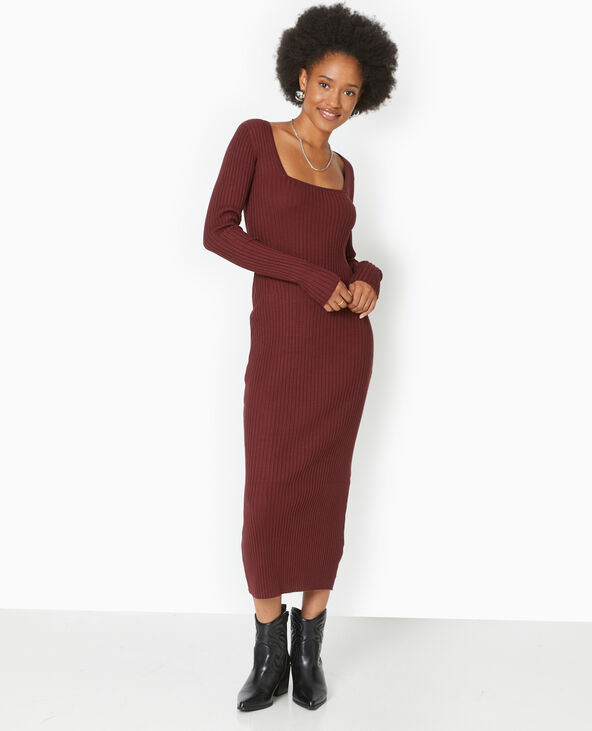 Robe longue en maille côtelée encolure carrée bordeaux - Pimkie