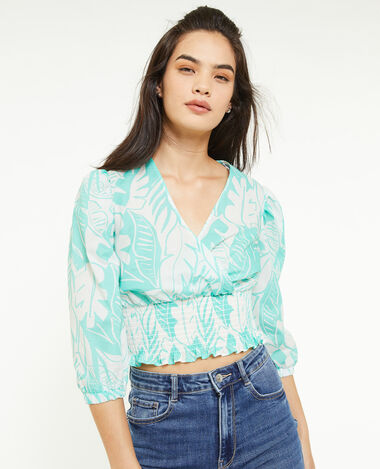 Blouse courte effet cache-cœur bleu turquoise - Pimkie