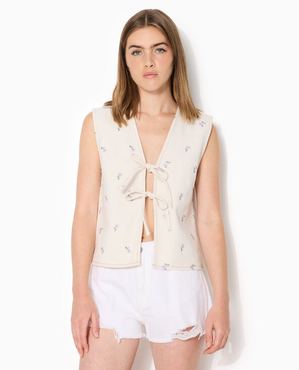 Veste sans manche en jean avec broderies fleurs blanc - Pimkie
