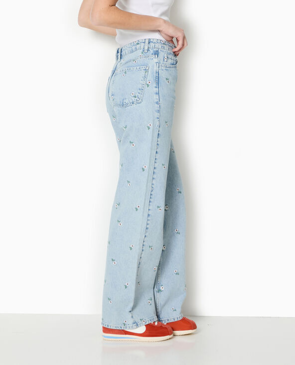 Jean droit avec broderies fleurs all over bleu clair - Pimkie