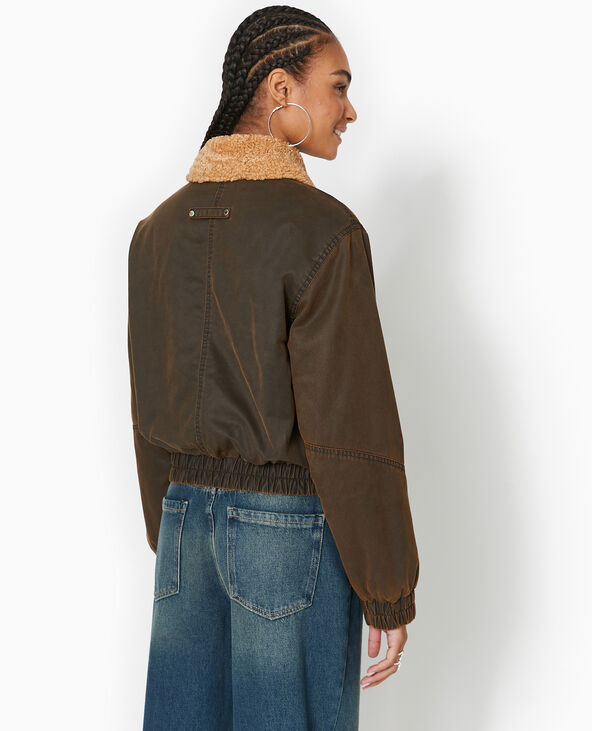 Bouson court en toile effet huilé avec col sherpa marron - Pimkie
