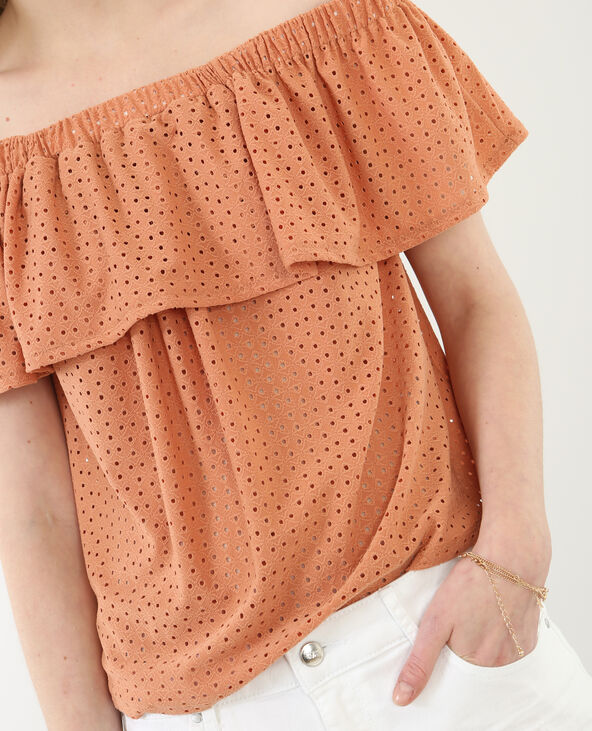 Top bardot effet broderie anglaise vieux rose - Pimkie