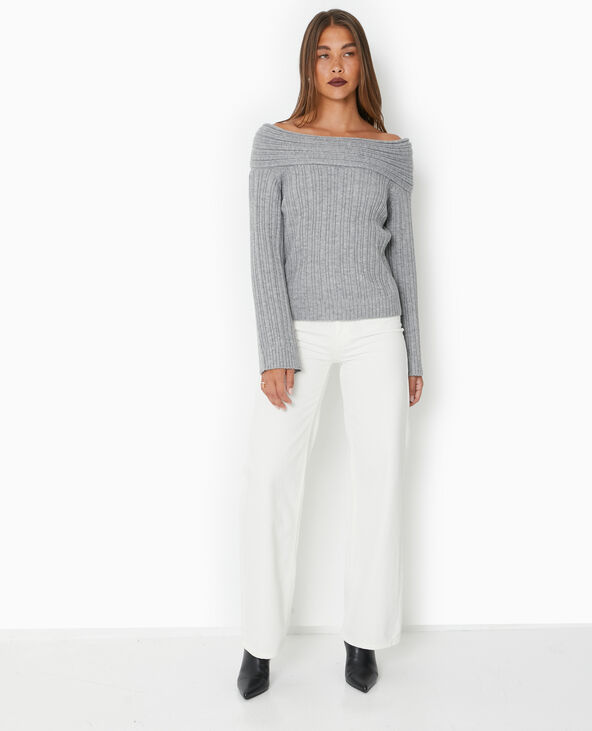 Pull en maille côtelée avec encolure Bardot gris chiné - Pimkie