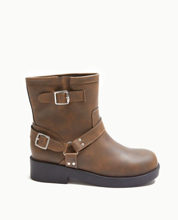 Boots motardes avec détails brides et boucle marron - Pimkie