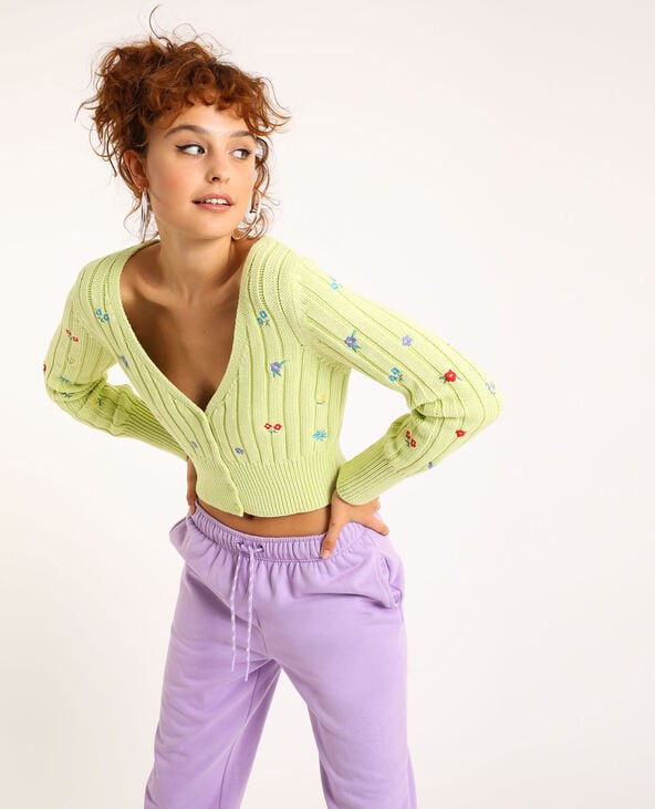 Gilet cropped brodé vert anis - Pimkie