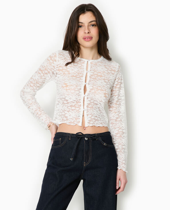 Top cardigan en dentelle avec boutons perles blanc - Pimkie