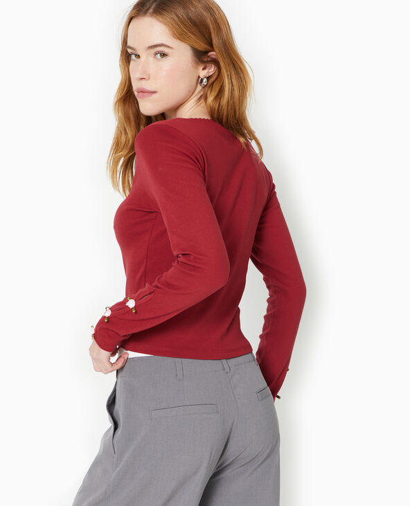 Top manches longues avec roses en satin bordeaux - Pimkie