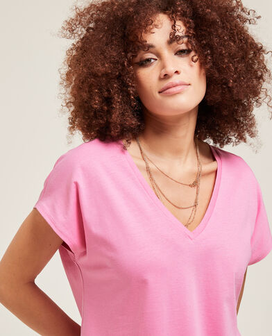 T-shirt col V manches courtes rose - Pimkie