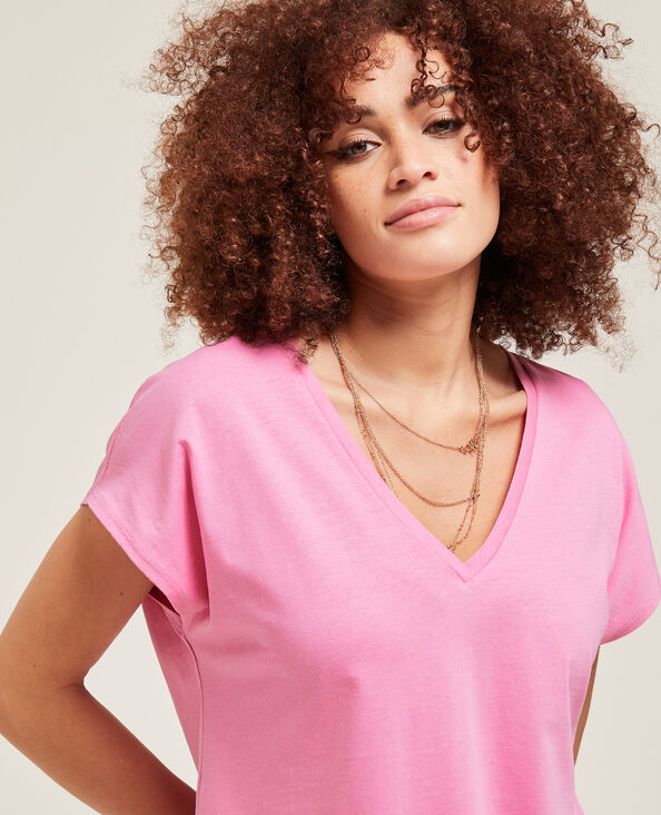 T-shirt col V manches courtes rose - Pimkie