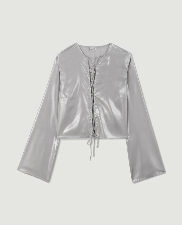 Blouse courte avec lien croisé à nouer gris - Pimkie