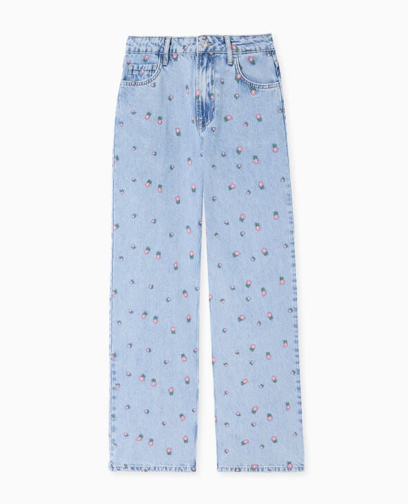 Jean straight taille haute avec broderies fleurs bleu - Pimkie