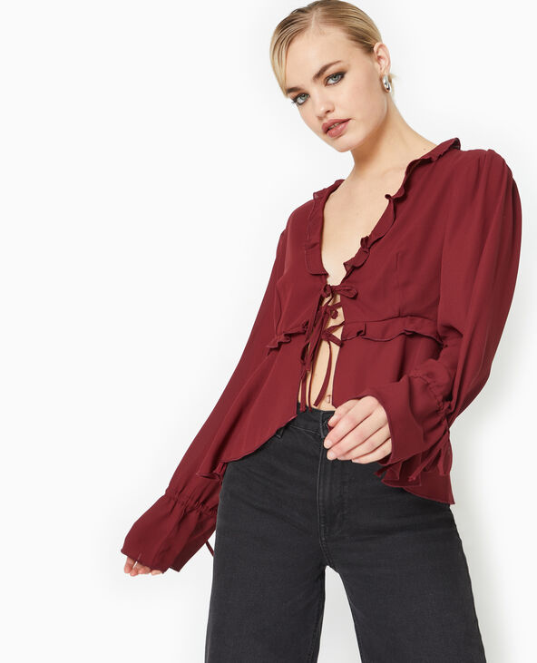 Blouse avec volant et nouettes bordeaux - Pimkie