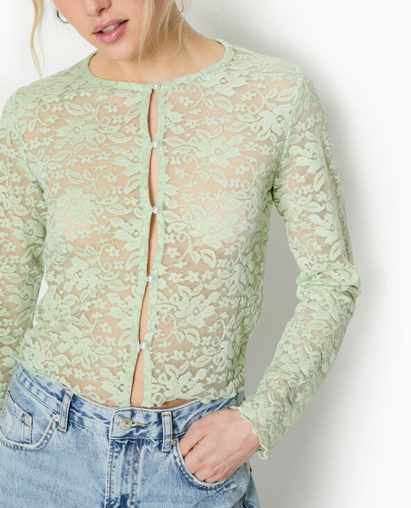 Top cardigan en dentelle avec bouton perle vert de gris - Pimkie