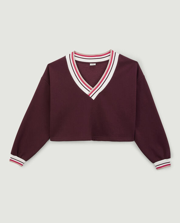 Sweat cropped col V bordeaux - Pimkie