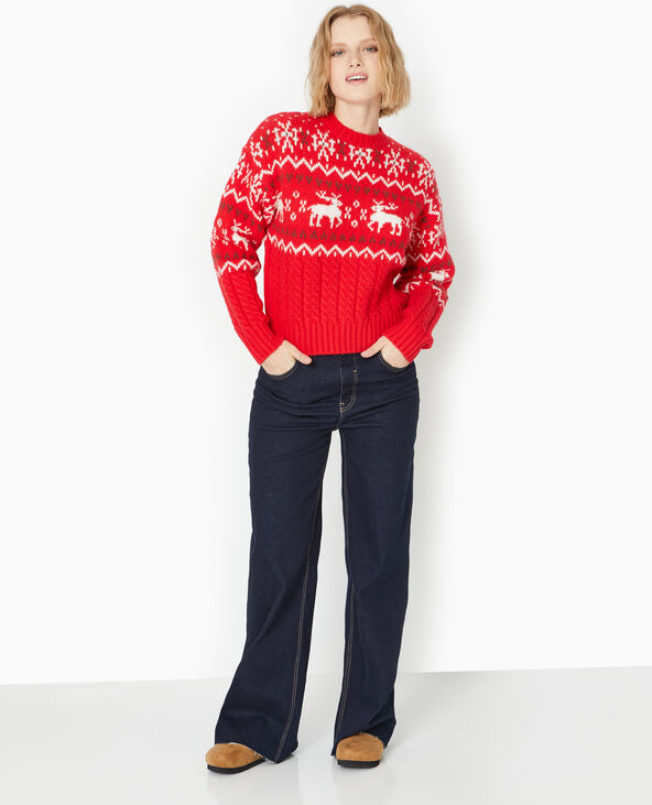 Pull de Noël jacquard avec torsades rouge - Pimkie