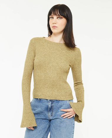 Pull fin en maille côtelée col rond vert olive - Pimkie
