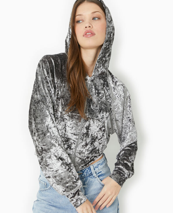 Sweat zippé en velours avec capuche gris - Pimkie