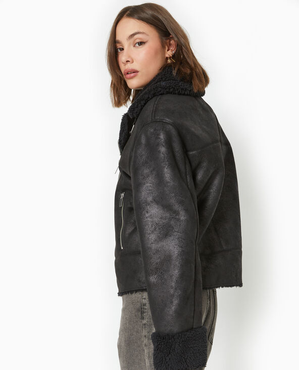 Blouson aviateur en simili cuir double de fourrure