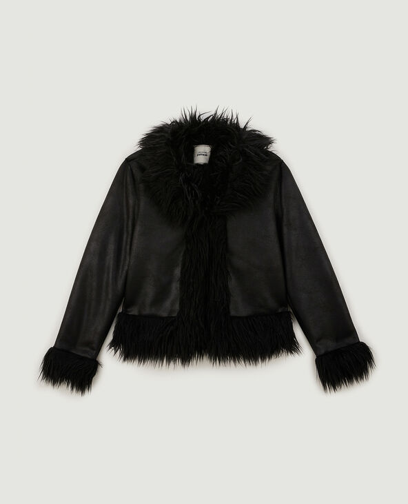 Veste en simili cuir et poils longs noir - Pimkie