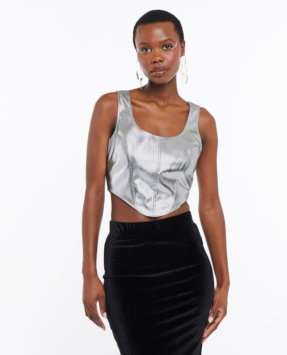 Top court façon corset en simili argenté gris clair - Pimkie
