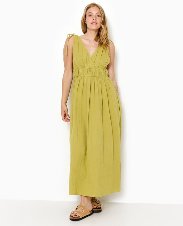 Robe longue en gaze de coton avec nouettes vert kaki - Pimkie