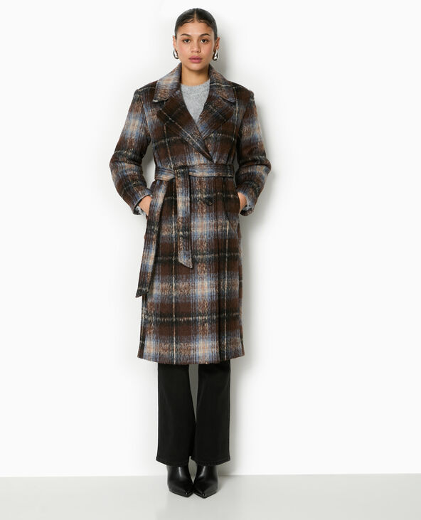 Manteau long à carreaux effet drap de laine marron - Pimkie