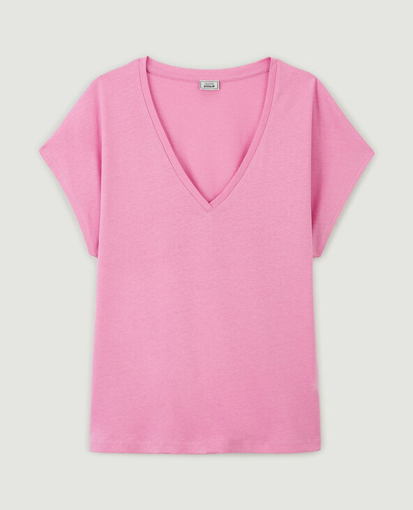 T-shirt col V manches courtes rose - Pimkie
