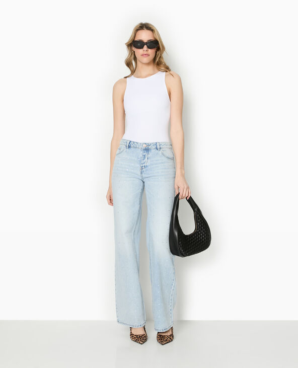 Jean droit taille basse avec strass bleu clair - Pimkie
