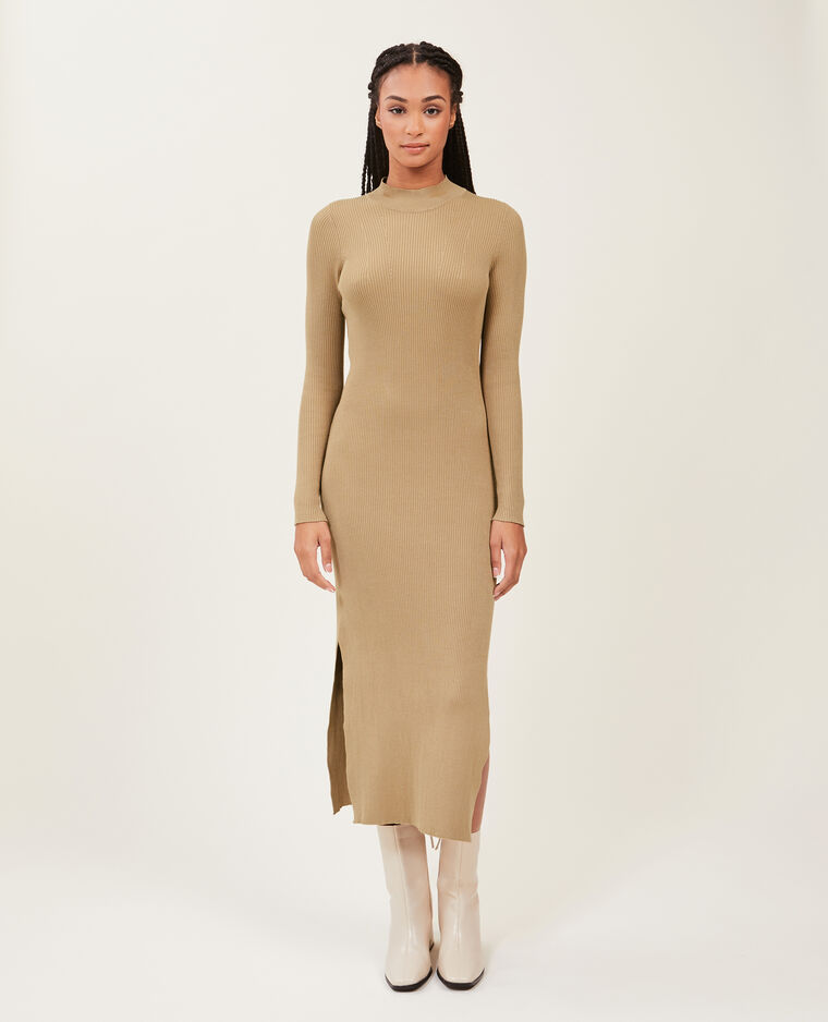 Robe longue en maille côtelée beige - Pimkie