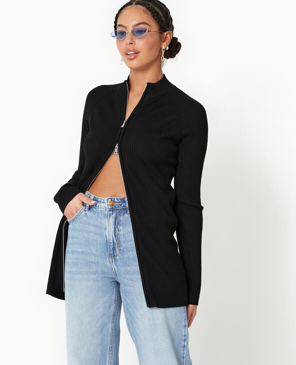 Gilet long en maille côtelée avec col montant noir - Pimkie