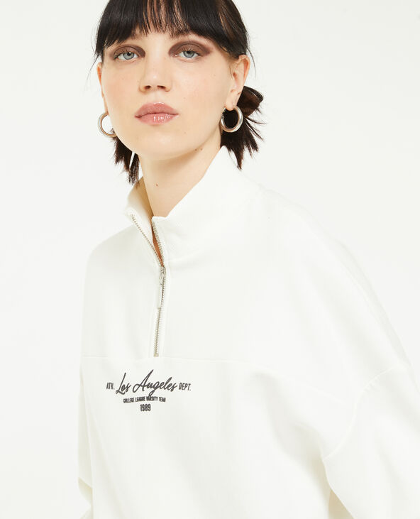 Sweat avec flocage col zippé blanc - Pimkie