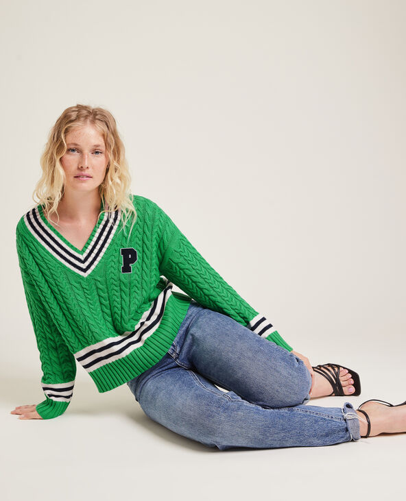 Pull maille torsadée col V vert - Pimkie