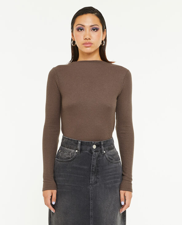 Pull fin en maille côtelée col cheminée marron - Pimkie