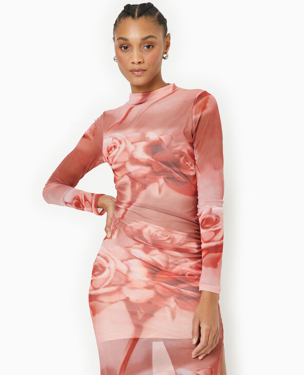 Robe longue en maille résille motif roses rouge - Pimkie